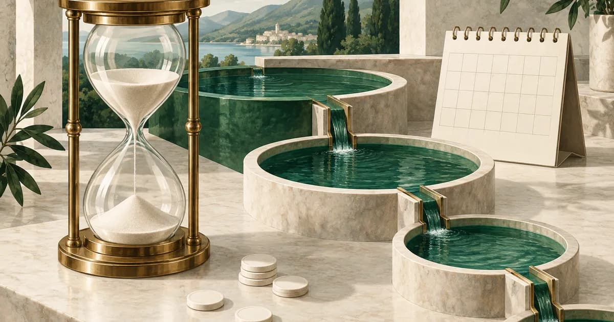 Đồng hồ cát và các bể vốn kết nối thể hiện thời gian và chi phí sử dụng tiền.