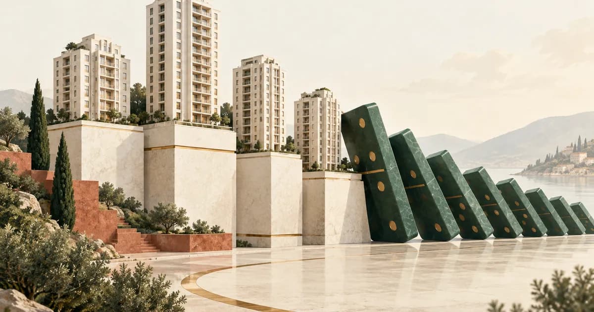 Mô hình các tòa nhà cạnh chuỗi quân domino đang nghiêng.